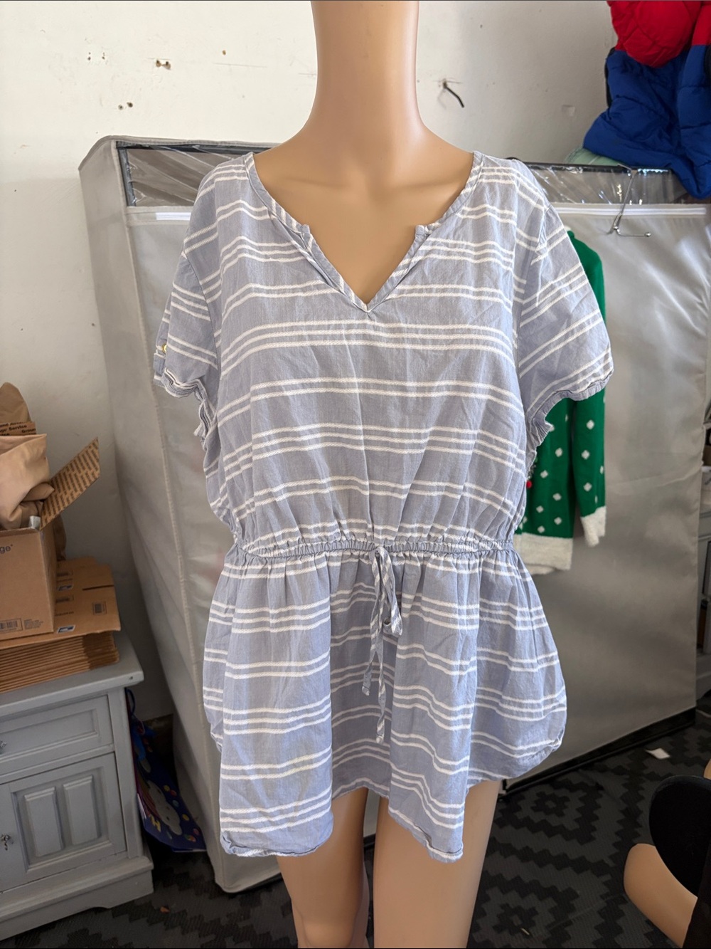 Striped Blue & White Drawstring Waist Women's Top